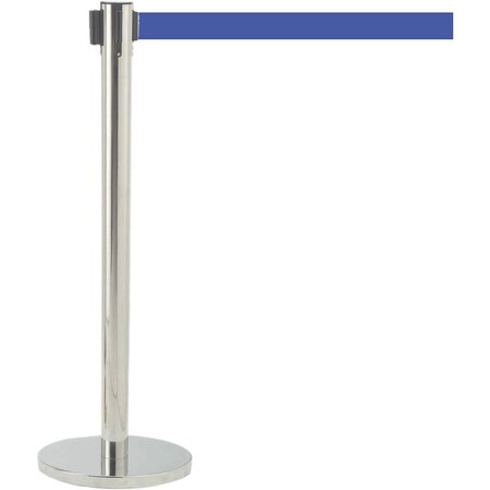 Retractable Belt Barrier, Satin Finish/Blue Belt, 7 ft Length, Satin